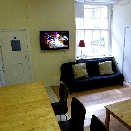 A bright sitting area at the Notting Hill Hostel